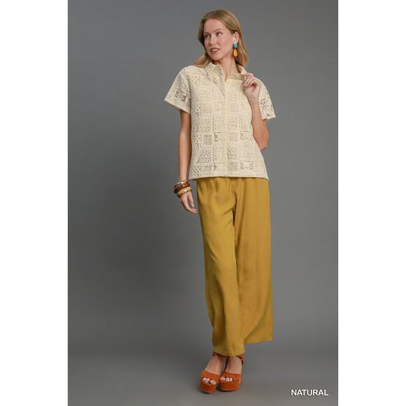 Umgee Lace Patches Detail Short Sleeves Button Down Relaxed Fit Shirt | Natural - Picture 7 of 7